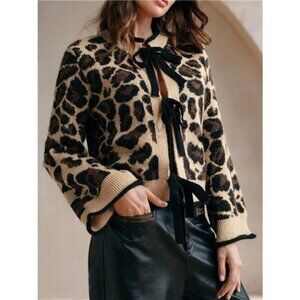 Leopard Print Bow-Tie Front Cropped Cardigan